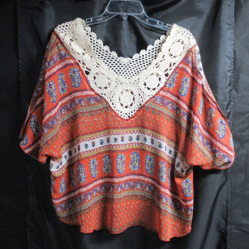 Boho Sheer Orange Paisley Crochet Flowy Blouse